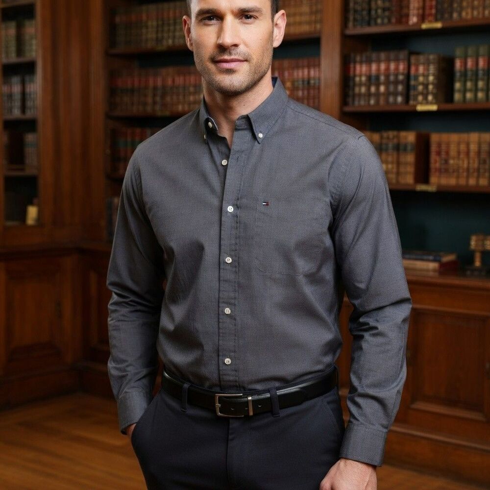 Tommy Hilfiger Men 2XLT Classic-Fit Stretch Solid Gray Capote Button-Down Shirt